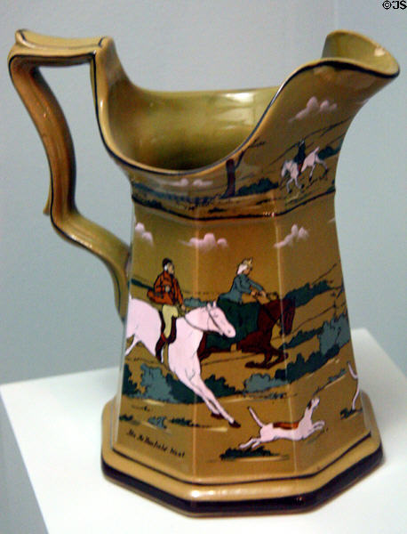 Deldare Ware pitcher in Fallowfield Hunt series (1908) by Buffalo Pottery at Buffalo History Museum (BECHS). Buffalo, NY.