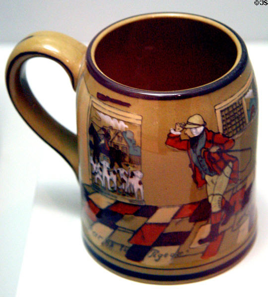 Deldare Ware mug in Fallowfield Hunt series (1909) by Buffalo Pottery at Buffalo History Museum (BECHS). Buffalo, NY.