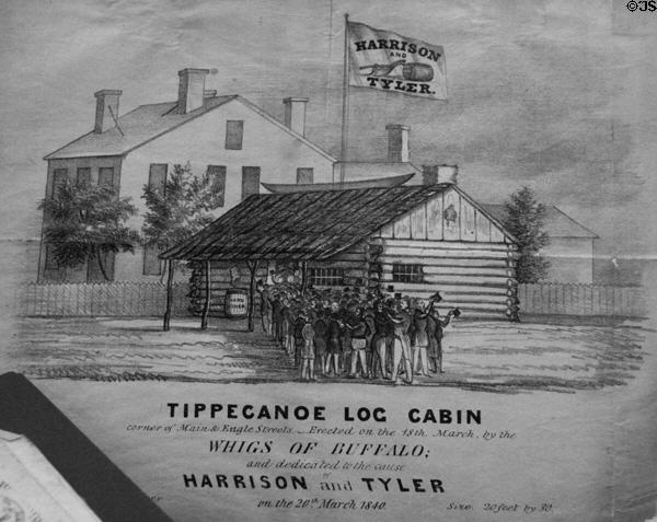 Graphic (1840) of Tippecanoe log cabin erected by Whigs of Buffalo & dedicated to William Henry Harrison at Buffalo History Museum (BECHS). Buffalo, NY.