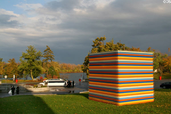 Multicolored sculpted box & lake opposite Albright-Knox Art Gallery. Buffalo, NY.