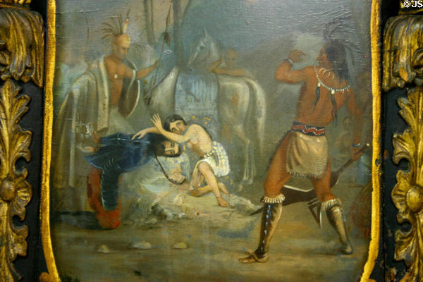 Portrait of Pocahontas saving John Smith on John Rogers pumper at FASNY Museum of Firefighting. Hudson, NY.