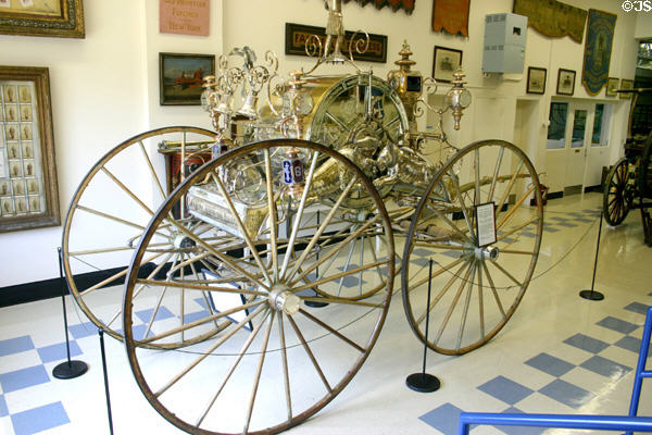 Weiner parade carriage (1870 remodeled in 1888) by engine maker Edward B. Leverick at FASNY Museum of Firefighting. Hudson, NY.