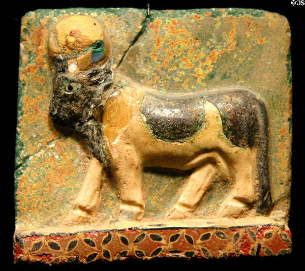 Glass Egyptian plaque with sacred bull Apis (c4thC BCE) at Corning Museum of Glass. Corning, NY.