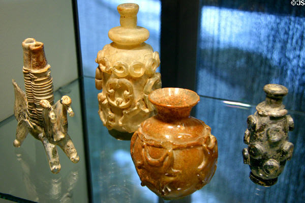 Glass bottles of Sasanians, Byzantines or early Islamic culture from Western Asia (6th-8thC) at Corning Museum of Glass. Corning, NY.