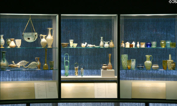 Display of Roman era glass at Corning Museum of Glass. Corning, NY.