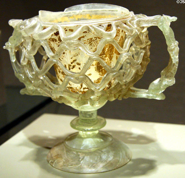 German glass cantharus drinking vessel (3rd C-4thC) at Corning Museum of Glass. Corning, NY.