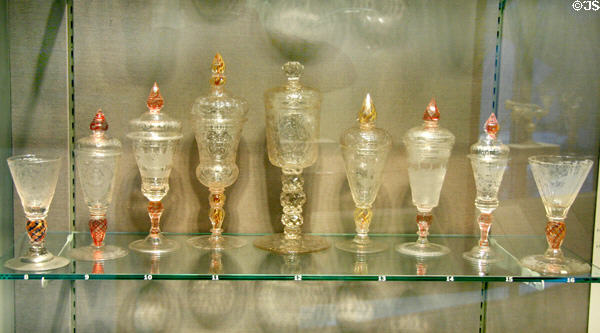 Collection of engraved Northern Europe goblets at Corning Museum of Glass. Corning, NY.