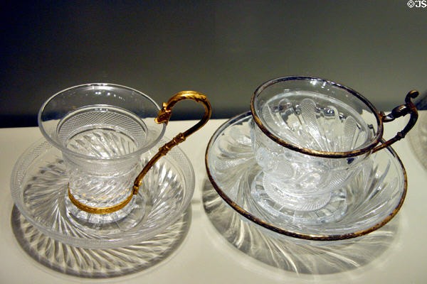 French glass cups & saucers (early 19th C) at Corning Museum of Glass. Corning, NY.