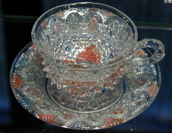 French early pressed glass cup & saucer (1840-60) at Corning Museum of Glass. Corning, NY.