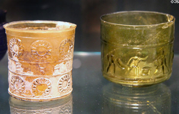 Roman mold-blown Victory Beaker & cup with Gladiators found in France (1st C) at Corning Museum of Glass. Corning, NY.