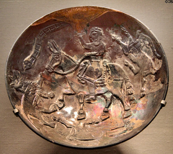 Islamic glass dish with rider & animals (10thC) (probably Persia) at Corning Museum of Glass. Corning, NY.