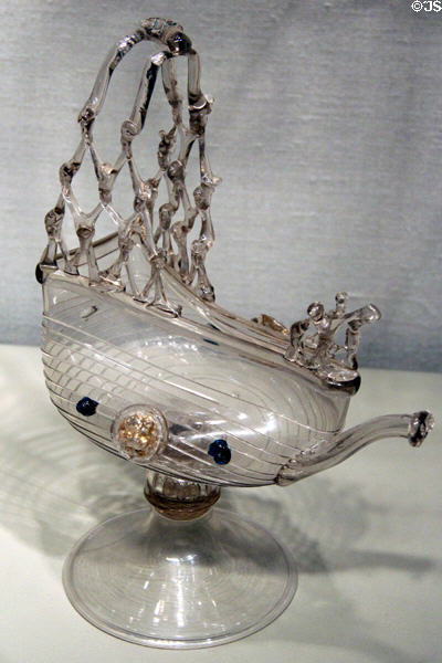 Venetian glass nef or pouring vessel in shape of ship (1550-1600) at Corning Museum of Glass. Corning, NY.