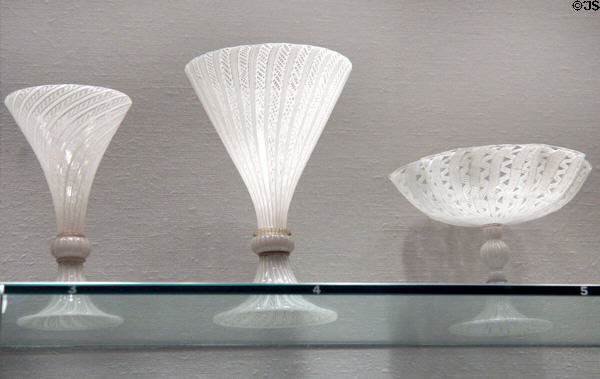Venetian latticino glass goblets (16thC) & Tazza (17thC) at Corning Museum of Glass. Corning, NY.