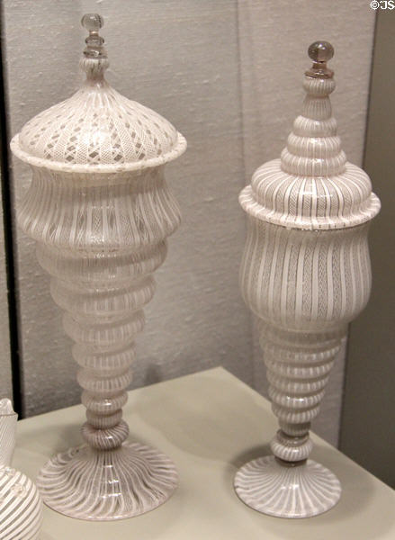 Venetian latticino glass covered goblets (1575-1650) at Corning Museum of Glass. Corning, NY.