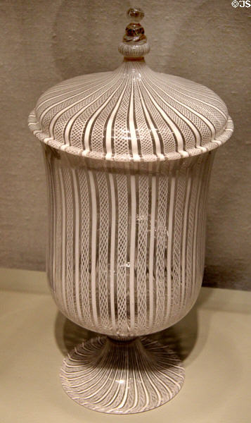 Latticino glass covered jar (late 16th- early 17th C) from Venice or Low Countries at Corning Museum of Glass. Corning, NY.