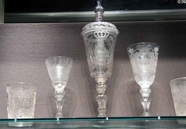 German glass engraved goblets (1700-50) at Corning Museum of Glass. Corning, NY.