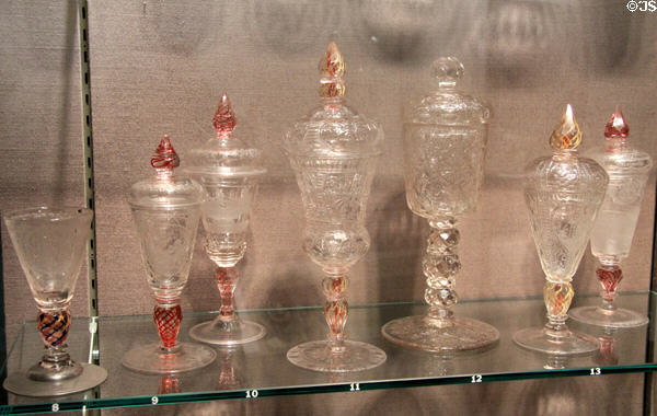 German glass engraved covered goblets (Pokals) with colored elements (1690-1750) at Corning Museum of Glass. Corning, NY.