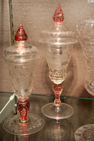 German glass engraved covered goblets (Pokals) with colored tops & stems (1710-1750) from Bohemia & Silesia at Corning Museum of Glass. Corning, NY.