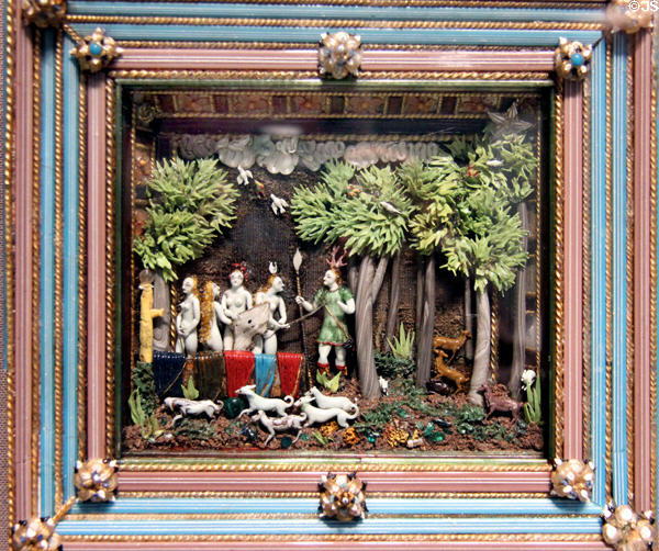 Lampwork glass diorama with Diana & Actaeon (c1680-1700) from Tyrol, Austria at Corning Museum of Glass. Corning, NY.