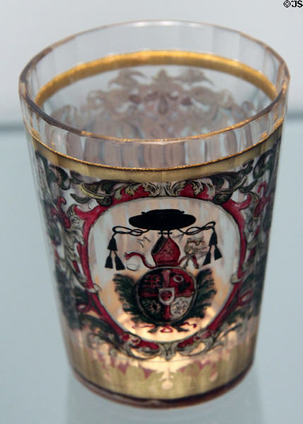 Bohemian Zwischengoldglas Armorial Beaker of abbot of a Bohemia monastery (c1748) at Corning Museum of Glass. Corning, NY.