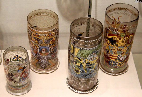 Collection of German glass Humpen (1600-76) at Corning Museum of Glass. Corning, NY.
