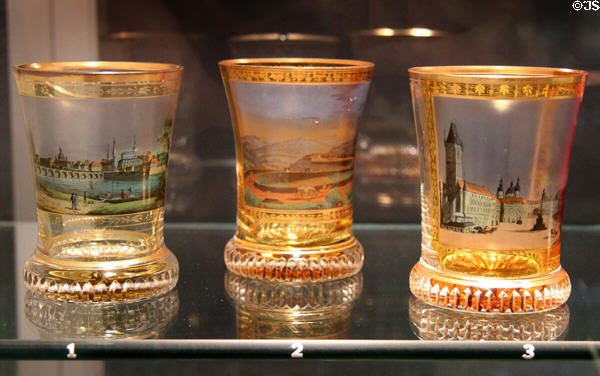 Austrian glass beakers (Ranftbecher) with transparent enameled village scenes (1820-30) by workshop of Anton Kothgasser at Corning Museum of Glass. Corning, NY.