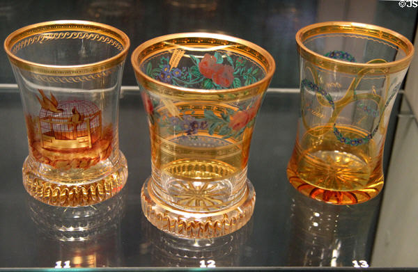 Austrian glass beakers (Ranftbecher) with transparent enameled scenes (1820-28) by workshop of Anton Kothgasser at Corning Museum of Glass. Corning, NY.