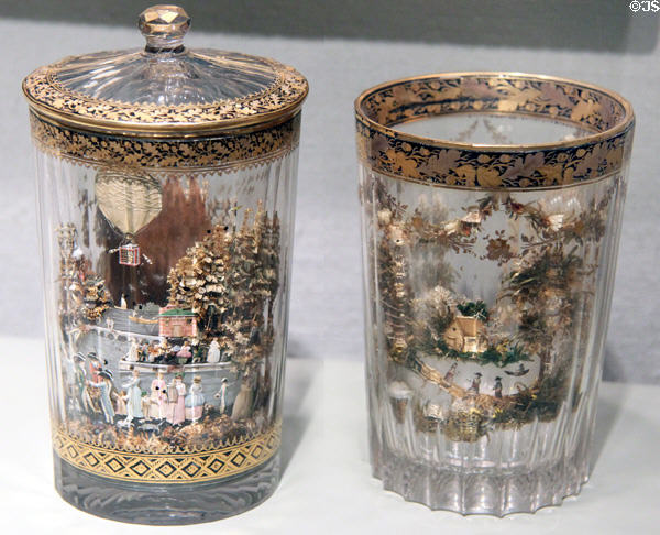 Russian double-walled beakers (1814 & 1800-20) one showing balloon flight by Nikol'skoye of Bakhmetiev Crystal Works at Corning Museum of Glass. Corning, NY.