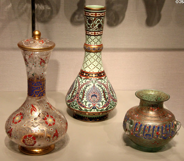Moorish-style glass vases (1870s) by J.&L. Lobmeyr of Vienna & mosque lamp (c1890) by Philippe-Joseph Brocard of Paris at Corning Museum of Glass. Corning, NY.