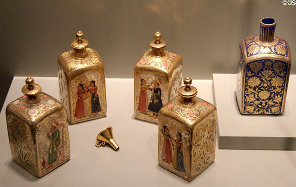 European glass bottles decorated in India (1720-50) at Corning Museum of Glass. Corning, NY.