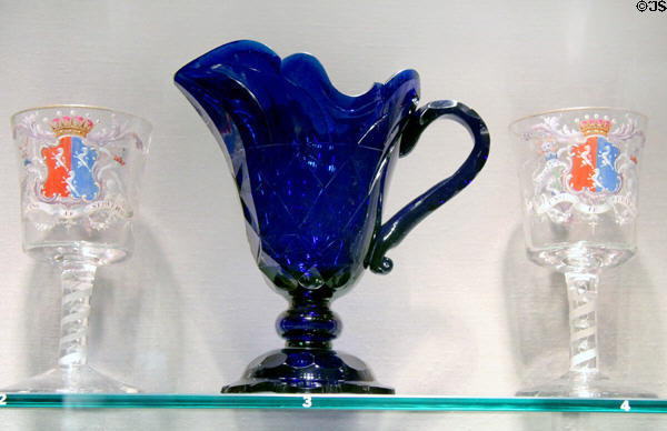 English glass armorial goblets (c1760-70) by William or Mary Beilby of Newcastle upon Tyne & Ewer (1767) possibly by Thomas Betts of London at Corning Museum of Glass. Corning, NY.
