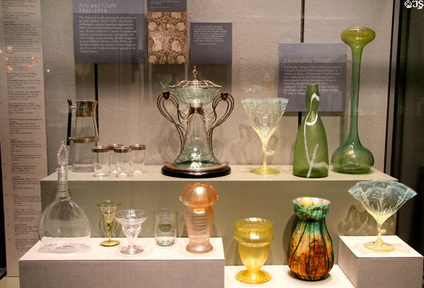 Collection of glass objects from English Arts & Crafts movement at Corning Museum of Glass. Corning, NY.