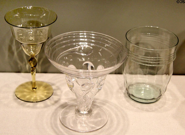 English Arts & Crafts glass goblets (1861, 1910, 1860) with two flanking ones by Philip Webb at Corning Museum of Glass. Corning, NY.