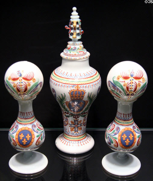 French white glass vessels painted with Royal Arms (c1750) at Corning Museum of Glass. Corning, NY.