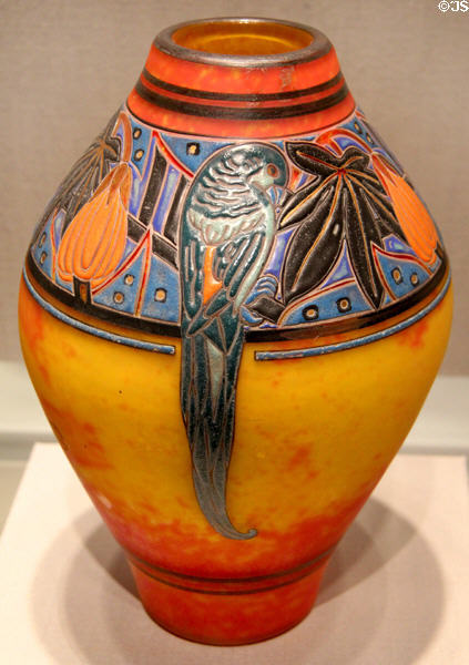 French glass vase with parrots & flowers (1920-30) by Andre Delatte of Nancy at Corning Museum of Glass. Corning, NY.