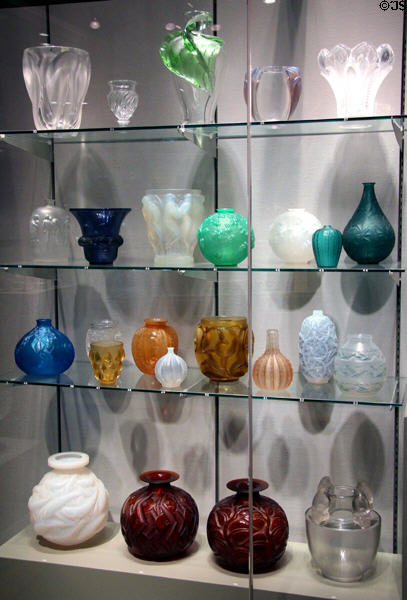 Collection of French glass vases (1918-30) by René Lalique at Corning Museum of Glass. Corning, NY.