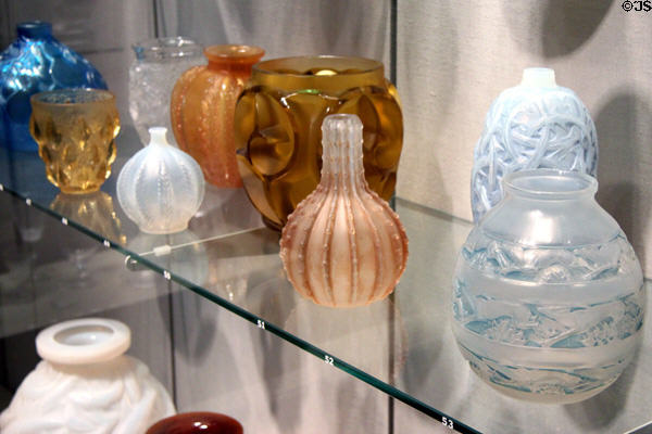Collection of French glass vases (1913-28) by René Lalique at Corning Museum of Glass. Corning, NY.