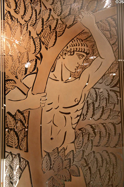 Detail of French Art Deco glass panel from lobby of John Wanamaker's Department Store of Philadelphia (1932) by René Lalique at Corning Museum of Glass. Corning, NY.
