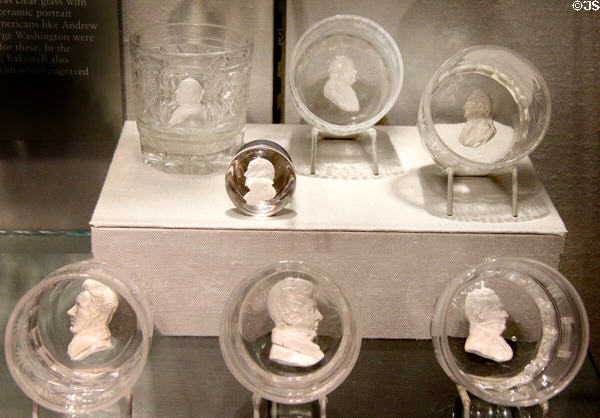 Glass tumblers with ceramic portraits of American leaders Ben Franklin, George Washington, Andrew Jackson, Gen. Lafayette (1824-5) by Bakewell glasshouse at Corning Museum of Glass. Corning, NY.