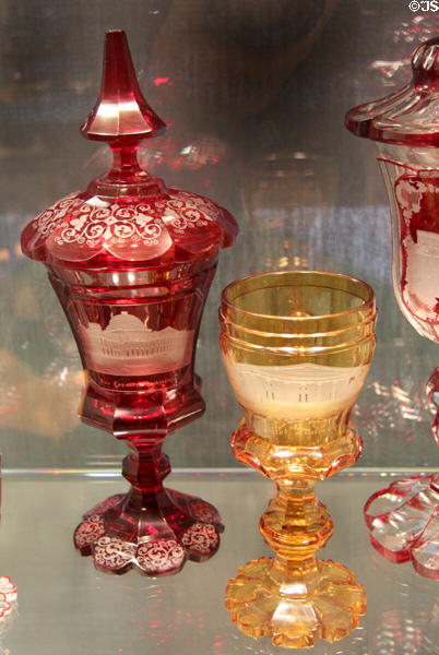 Bohemian goblets (mid 19th C) engraved with U.S. Capitol in Washington & Second U.S. Bank in Philadelphia at Corning Museum of Glass. Corning, NY.