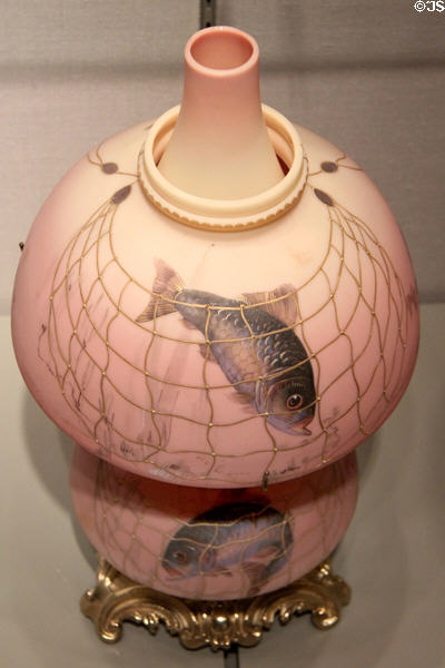 Burmese lamp (1886-90) by Mount Washington Glass Co. (glass) & Pairpoint Manuf. Co. (mounts) of New Bedford, MA at Corning Museum of Glass. Corning, NY.