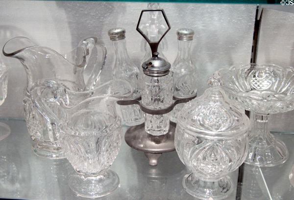 American pressed glass New England Pineapple pattern tableware including cruet set (1850-75) at Corning Museum of Glass. Corning, NY.