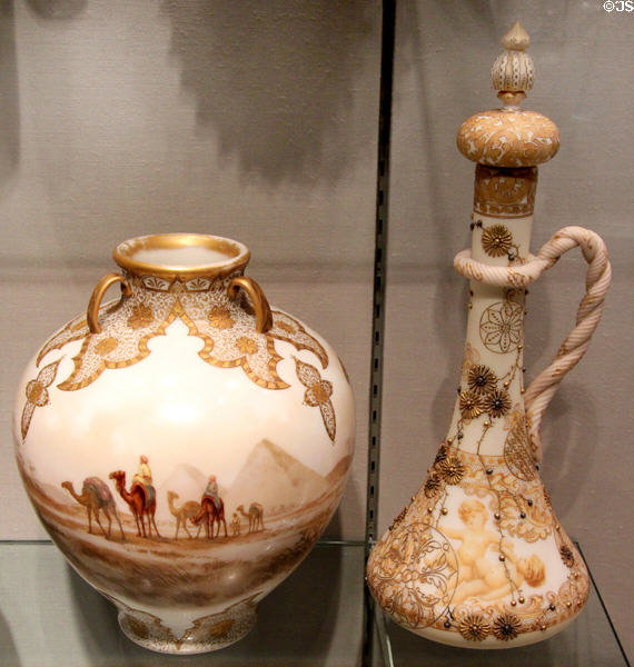 Colonial vase in Camel pattern (1893-95) & Crown Milano covered ewer (1891-95) both by Mount Washington Glass Co. of New Bedford, MA at Corning Museum of Glass. Corning, NY.
