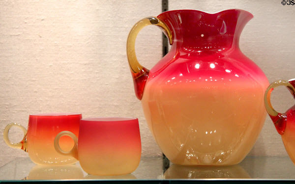 Peachblow pitcher & punch cups (1886-90) by Hobbs, Brockunier & Co. of Wheeling, WV at Corning Museum of Glass. Corning, NY.
