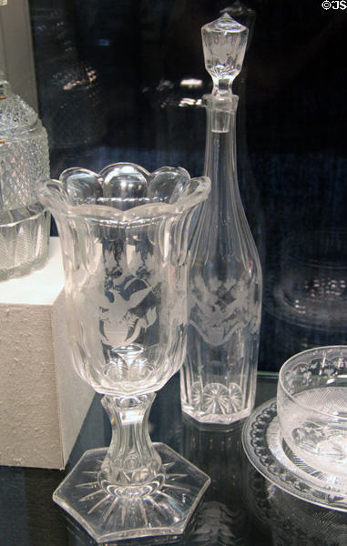 Eagle engraved glass celery vase & decanter (1829) from tableware of President Andrew Jackson by Bakewell, Page & Bakewell of Pittsburgh at Corning Museum of Glass. Corning, NY.
