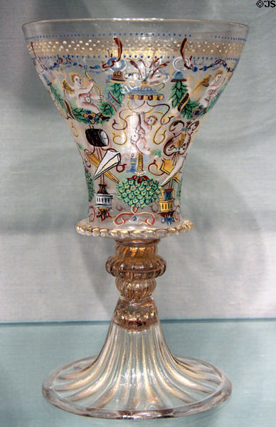 Venetian goblet with enameled Grotesque design (1500-25) at Corning Museum of Glass. Corning, NY.
