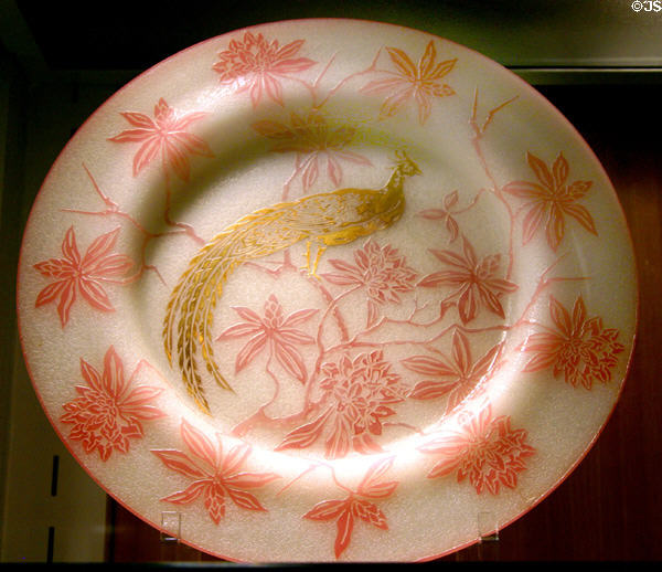 Steuben acid-etched plate with peacock at Corning Museum of Glass. Corning, NY.