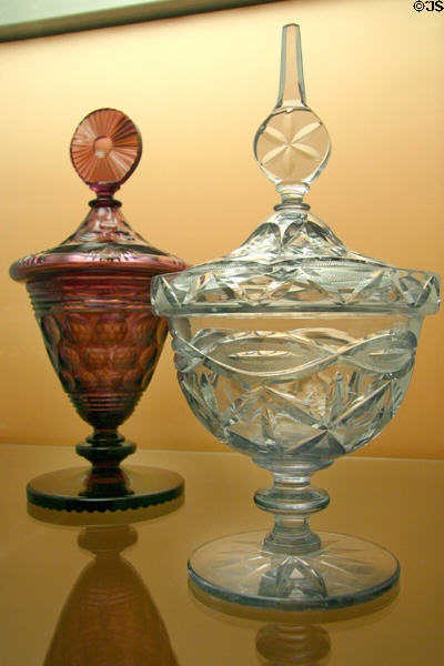 Steuben cut & engraved glass covered jars (1918-35) at Corning Museum of Glass. Corning, NY.