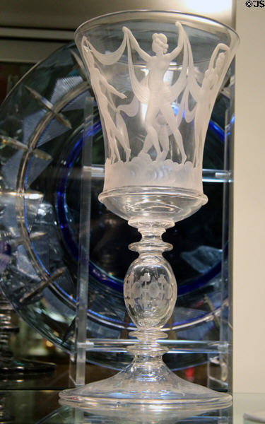 Steuben engraved glass goblet with dancing nudes at Corning Museum of Glass. Corning, NY.