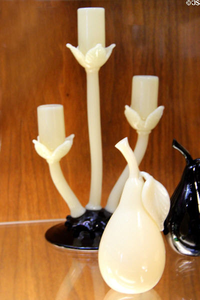 White & black glass candlestick & pears (1930-40) by Frederick Carder for Steuben Glass at Corning Museum of Glass. Corning, NY.